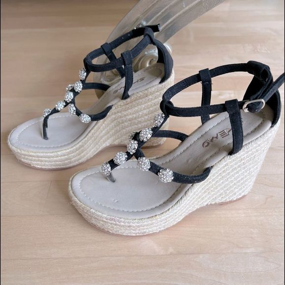 Skemo Shoes - NEW Skemo Black Suede Jute Wedge Sandals With Crystal Embellishments